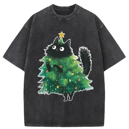 Tokyo-Tiger Christmas Tree Cat Washed T-Shirt