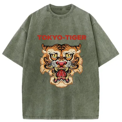Tokyo-Tiger Retro Japanese Tiger Washed T-Shirt