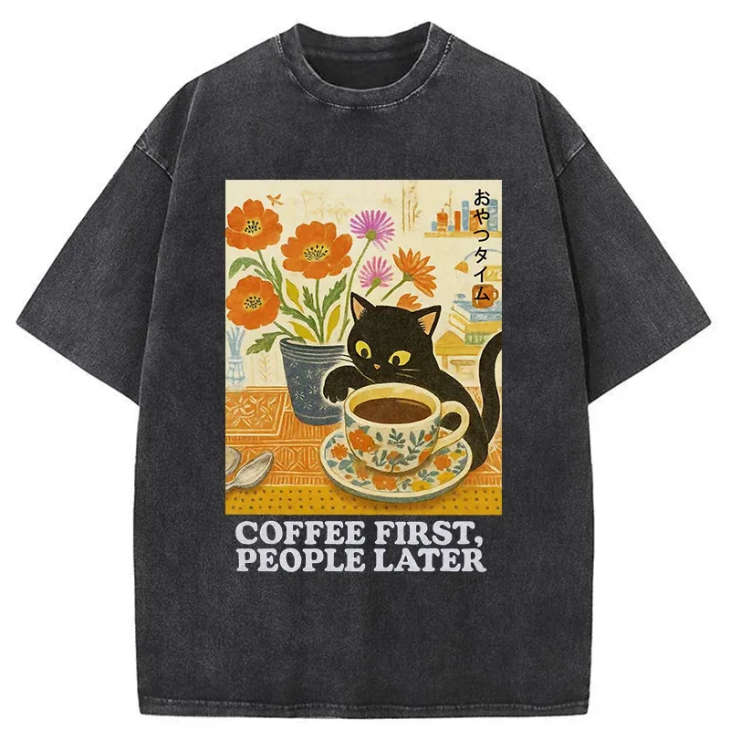 Tokyo-Tiger Kitten Drinks Coffee First Washed T-Shirt