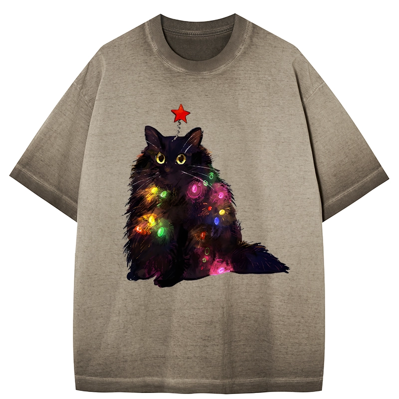Tokyo-Tiger Christmas Lights Cat Gradient Washed T-Shirt