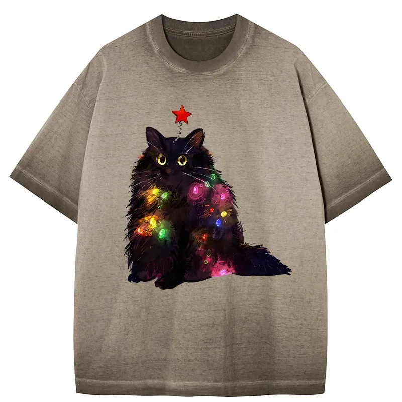 Tokyo-Tiger Christmas Lights Cat Gradient Washed T-Shirt