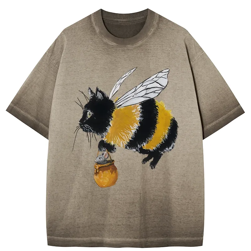 Tokyo-Tiger Catbee Funny Gradient Washed T-Shirt