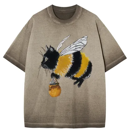 Tokyo-Tiger Catbee Funny Gradient Washed T-Shirt