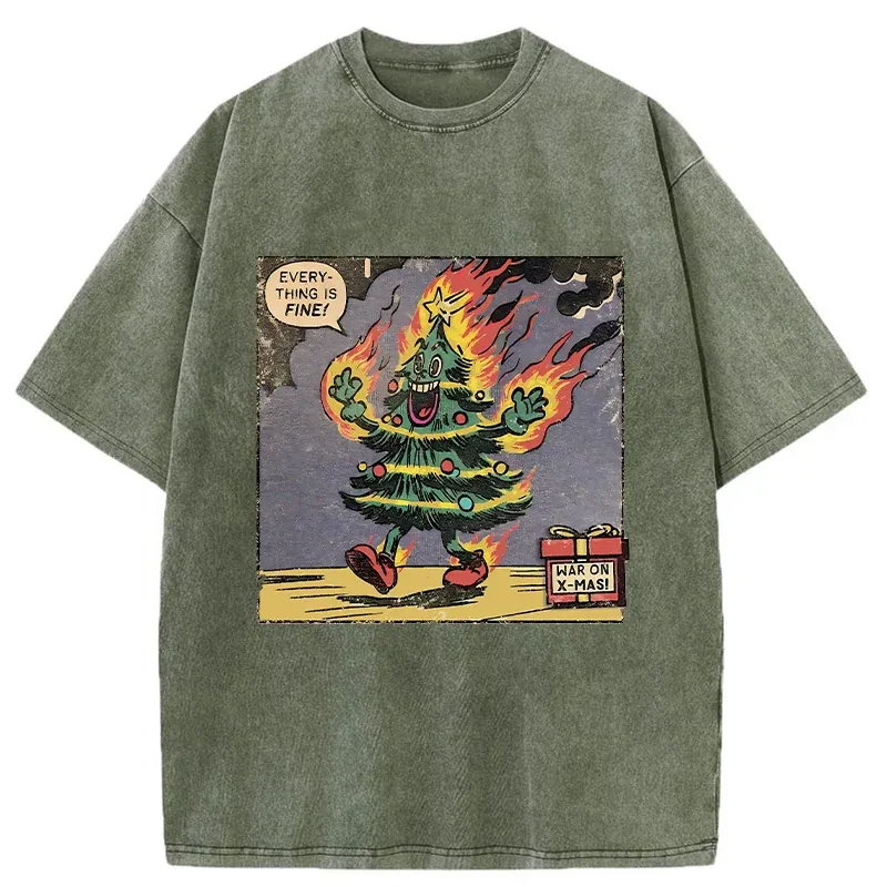 Tokyo-Tiger Christmas Tree On Fire Washed T-Shirt