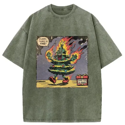 Tokyo-Tiger Christmas Tree On Fire Washed T-Shirt