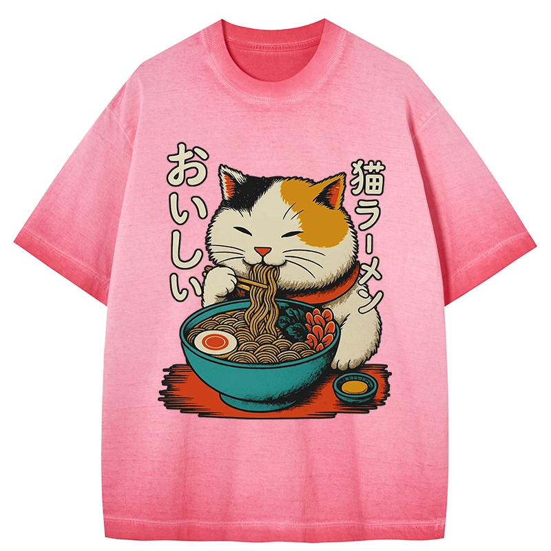 Tokyo-Tiger Cute Eat Eating Japanese Ramen Gradient Washed T-Shirt