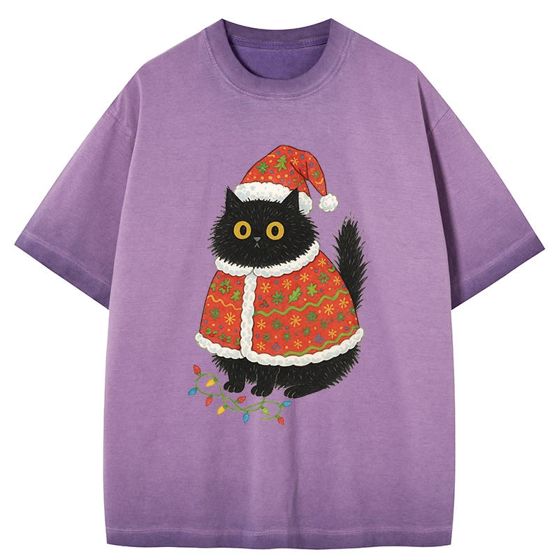 Tokyo-Tiger Cat Wearing Santa Hat Gradient Washed T-Shirt