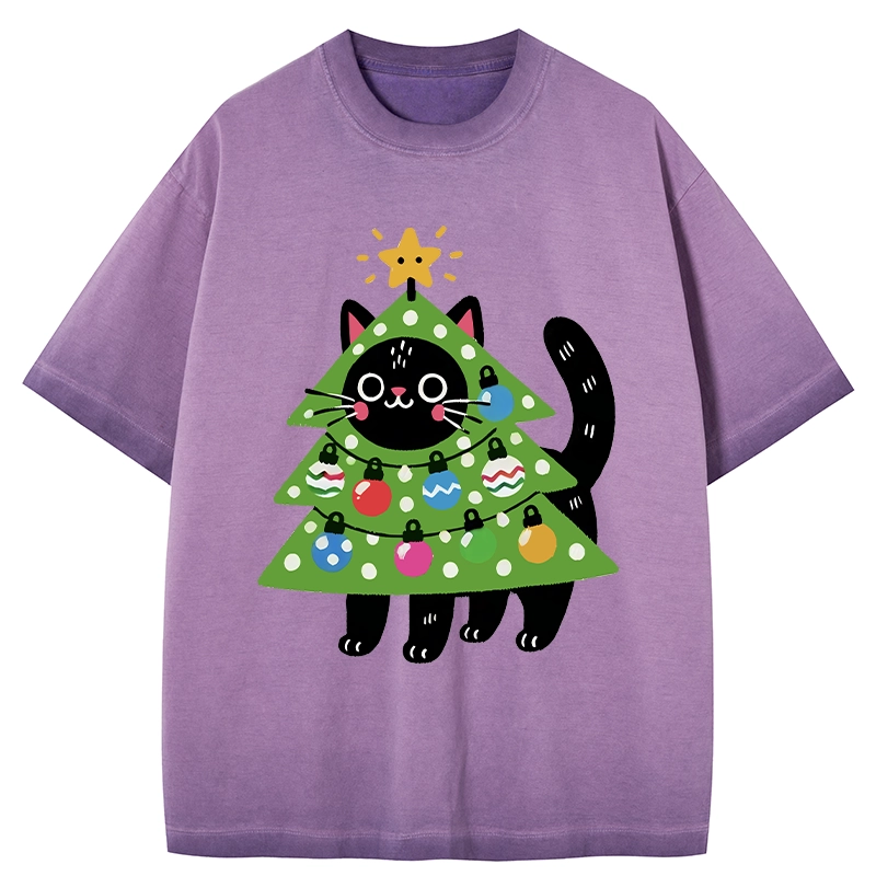 Tokyo-Tiger Christmas Tree Cat Gradient Washed T-Shirt