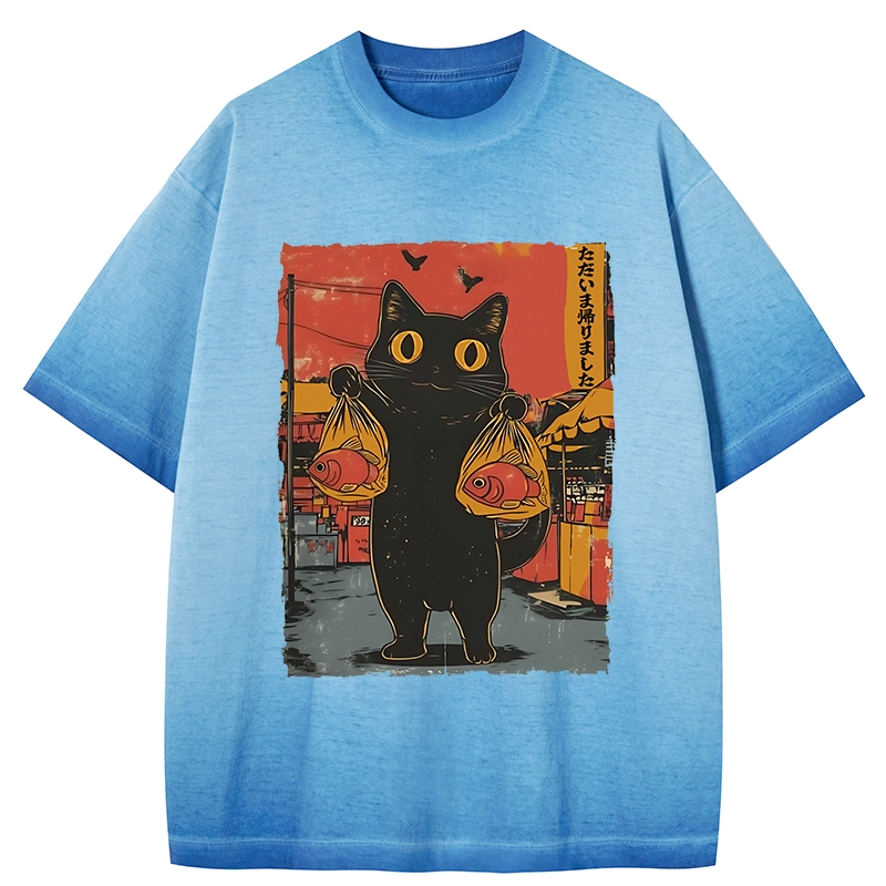 Tokyo-Tiger Cat Fishing Japanese Gradient Washed T-Shirt