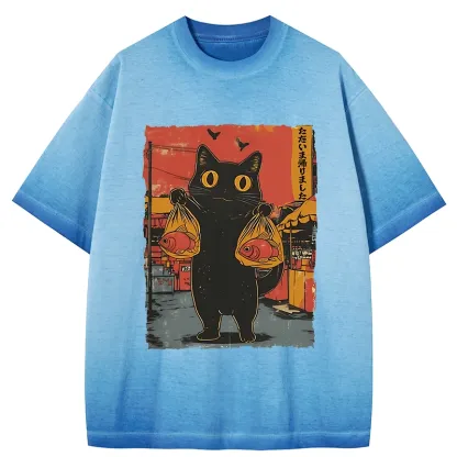Tokyo-Tiger Cat Fishing Japanese Gradient Washed T-Shirt