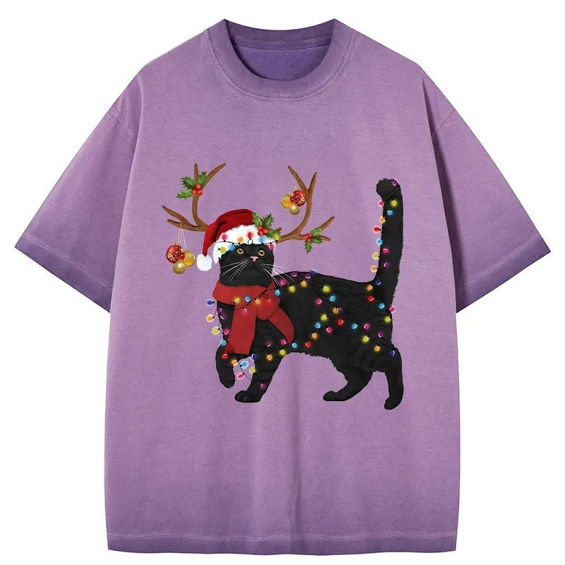 Tokyo-Tiger Christmas Black Cat Gradient Washed T-Shirt