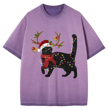 Tokyo-Tiger Christmas Black Cat Gradient Washed T-Shirt