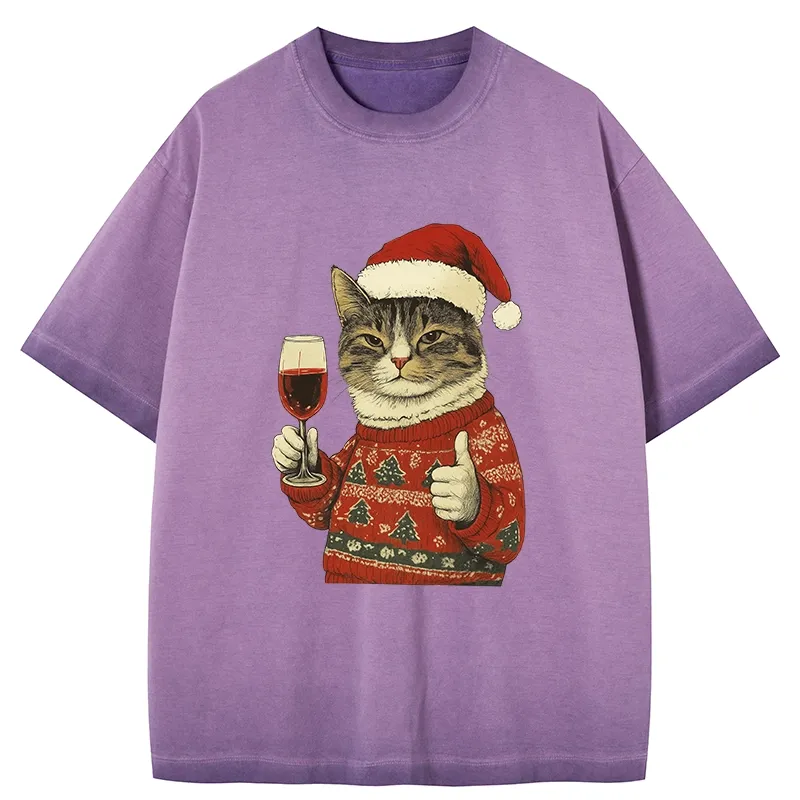 Tokyo-Tiger Christmas Cat Likes Gradient Washed T-Shirt