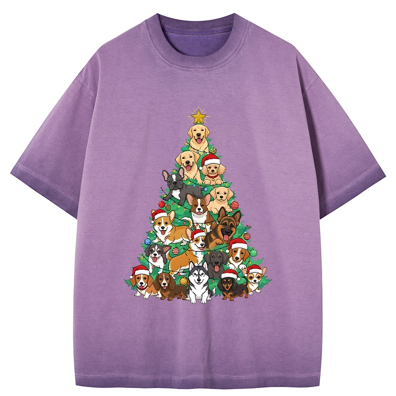 Tokyo-Tiger Christmas Tree Dog Funny Gradient Washed T-Shirt
