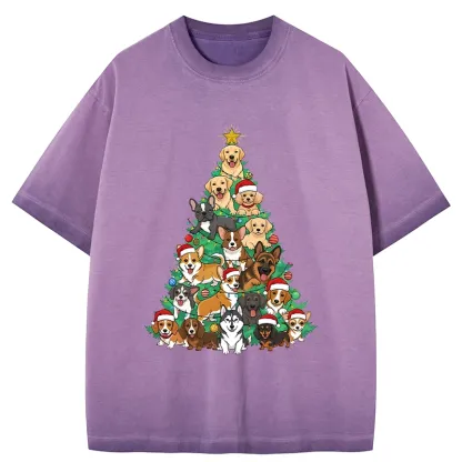 Tokyo-Tiger Christmas Tree Dog Funny Gradient Washed T-Shirt