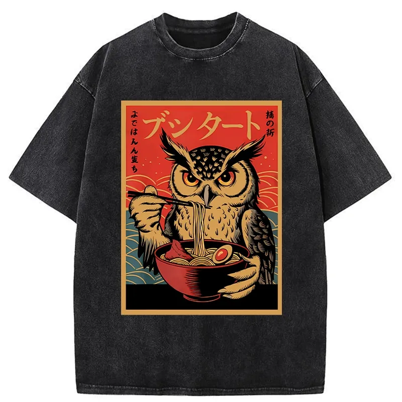 Tokyo-Tiger Ramen Lover Owl Washed T-Shirt Sale