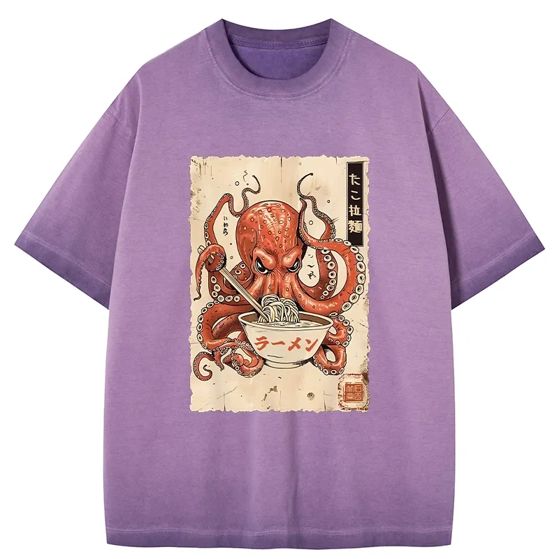 Tokyo-Tiger Retro Octopus Eating Ramen Gradient Washed T-Shirt