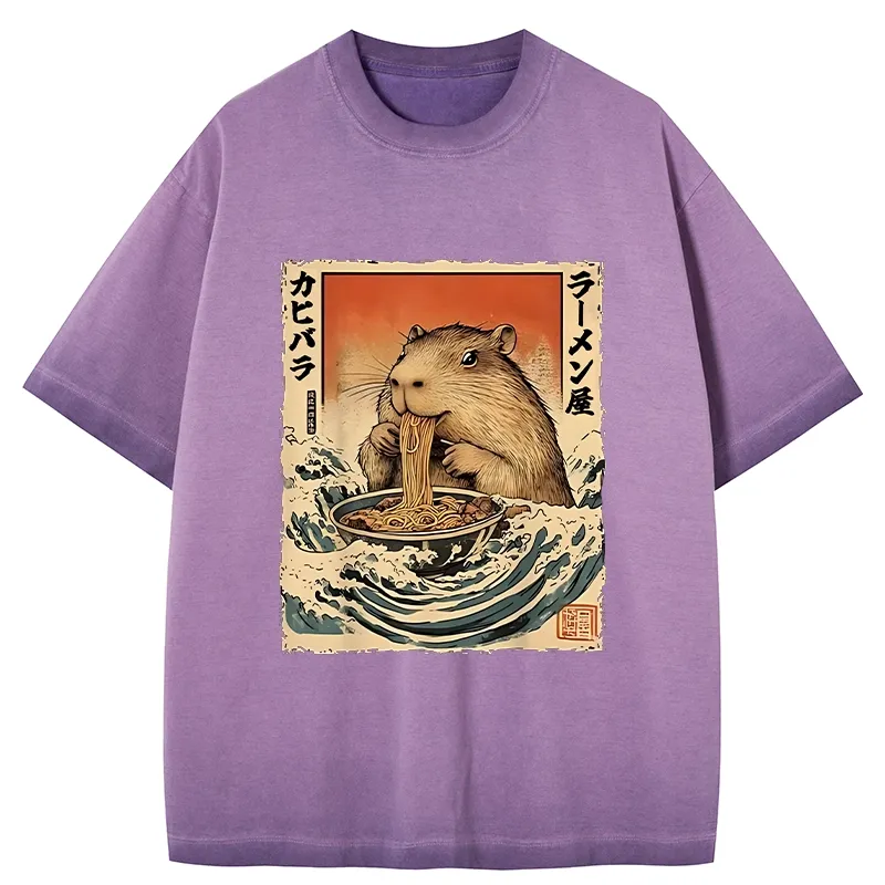 Tokyo-Tiger Hamster Eating Ramen Gradient Washed T-Shirt