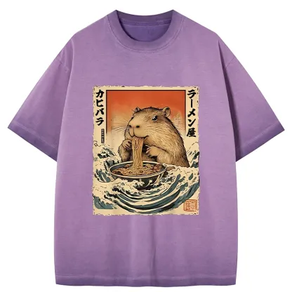 Tokyo-Tiger Hamster Eating Ramen Gradient Washed T-Shirt
