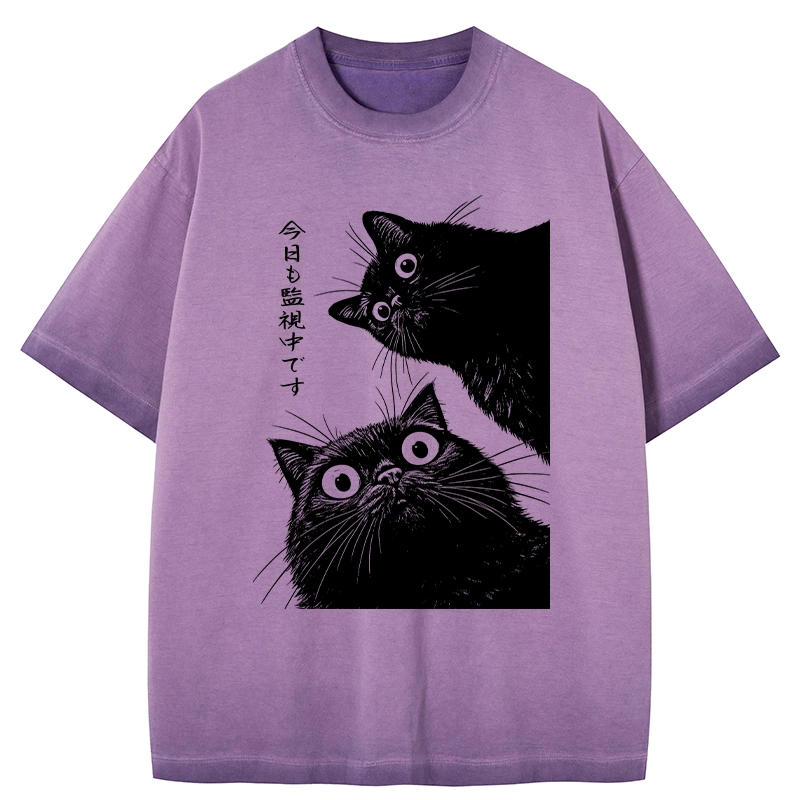 Tokyo-Tiger The Cat Is Watching Today Gradient Washed T-Shirt