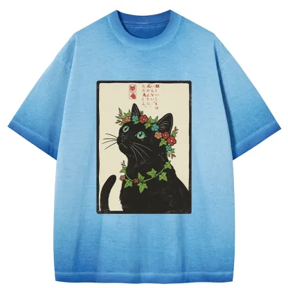 Tokyo-Tiger The Flower-Crowned Cat Gradient Washed T-Shirt