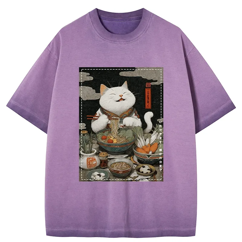 Tokyo-Tiger The Ramen-Loving Cat Gradient Washed T-Shirt