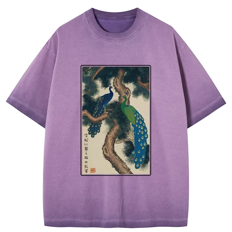 Tokyo-Tiger Peacocks in Snowy Pines Gradient Washed T-Shirt