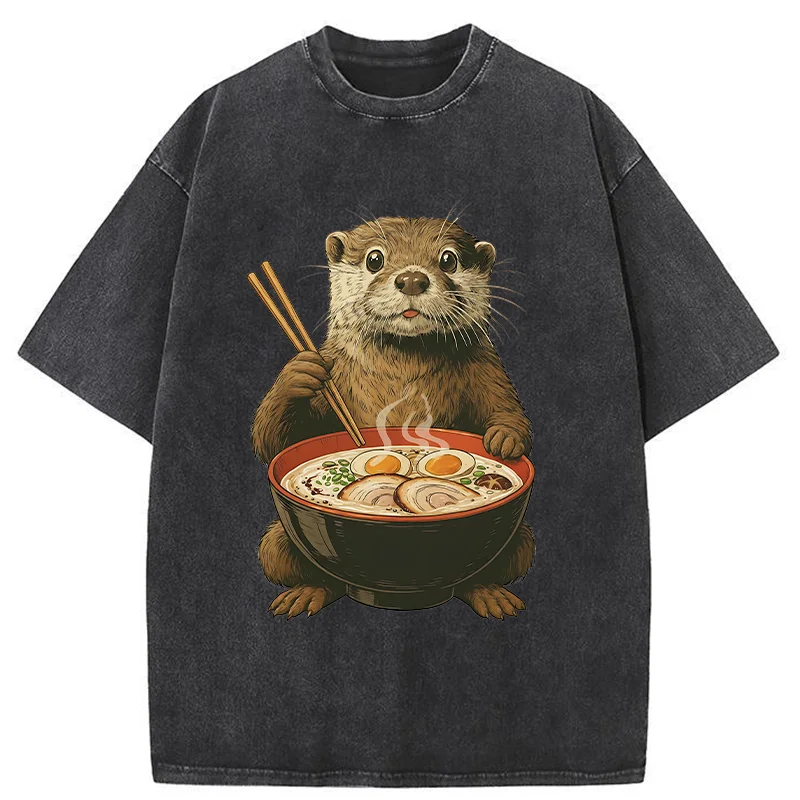 Tokyo-Tiger Otter Eating Ramen Washed T-Shirt