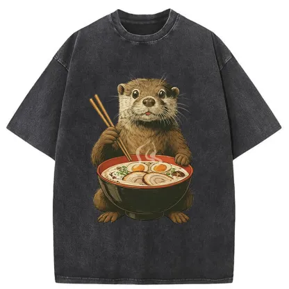 Tokyo-Tiger Otter Eating Ramen Washed T-Shirt