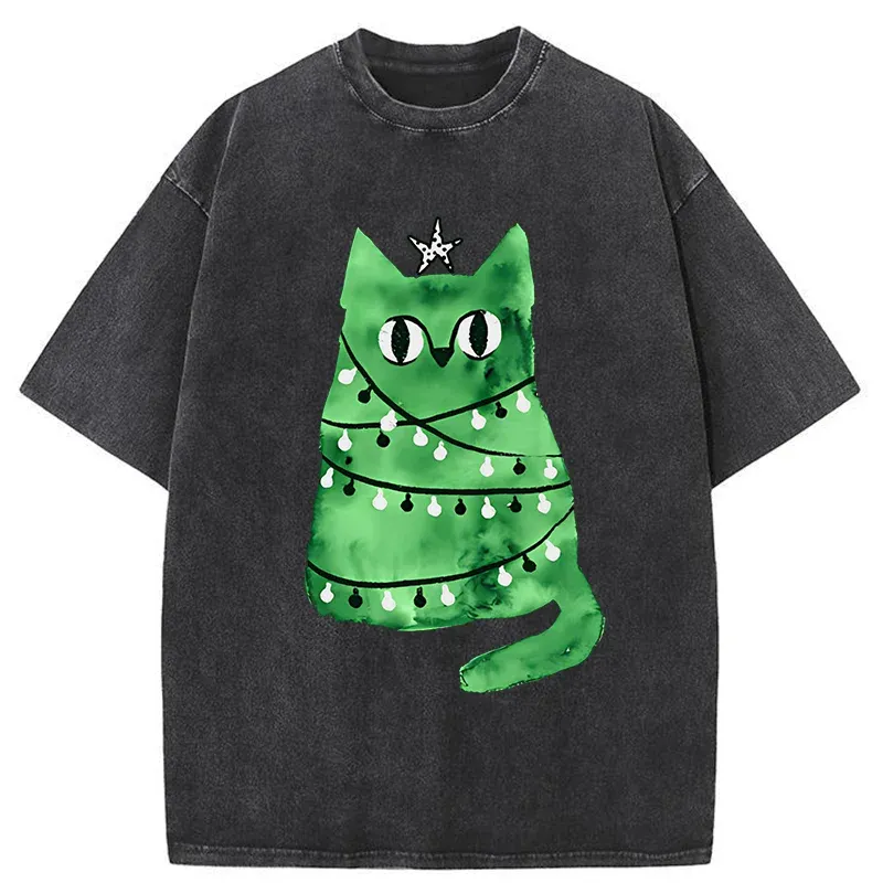 Tokyo-Tiger Christmas Tree Green Cat Washed T-Shirt