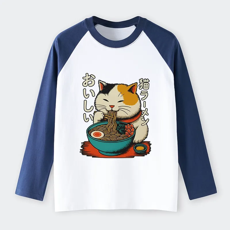 Tokyo-Tiger Cute Eat Eating Japanese Ramen Raglan Long Sleeve T-shirt