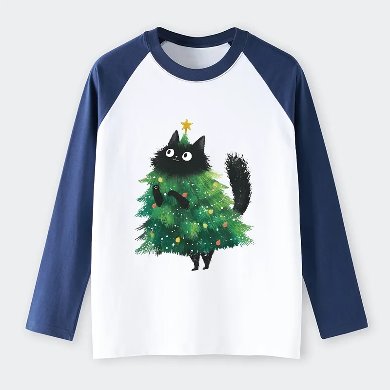 Tokyo-Tiger Christmas Tree Cat Japan Raglan Long Sleeve T-shirt