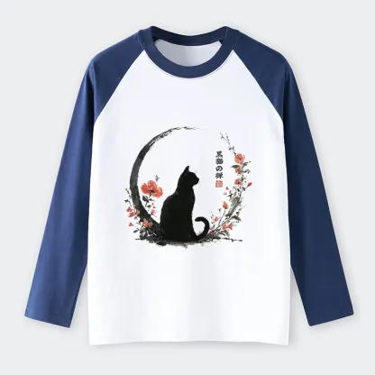 Tokyo-Tiger Black Cat And Flowers Raglan Long Sleeve T-shirt