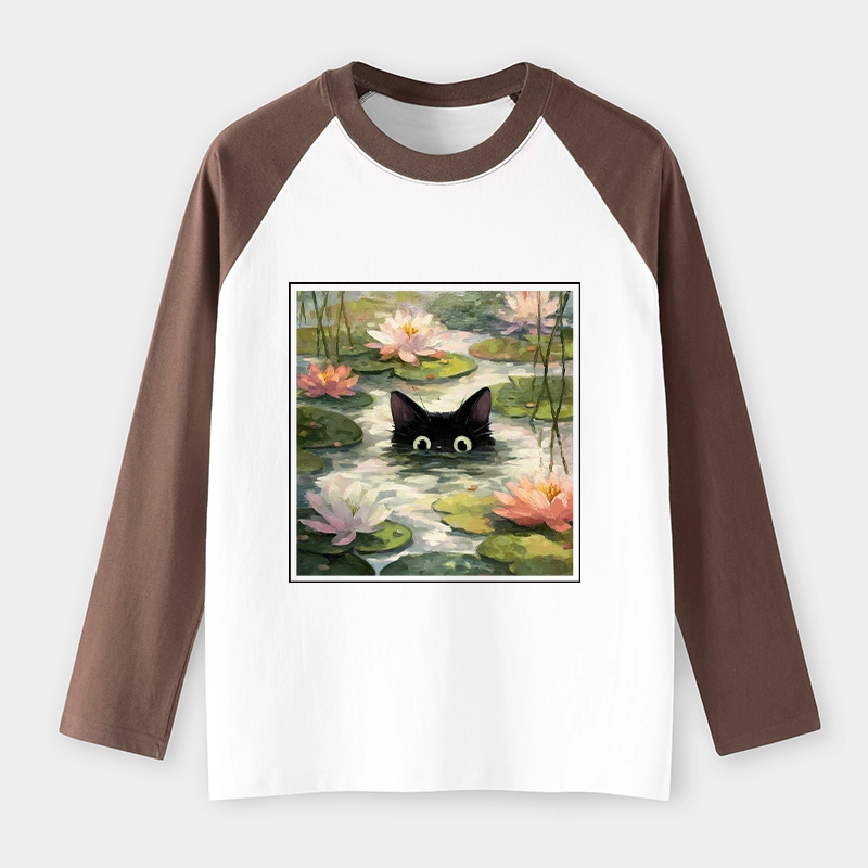 Tokyo-Tiger Black Cat and Lotus Flower Raglan Long Sleeve T-shirt