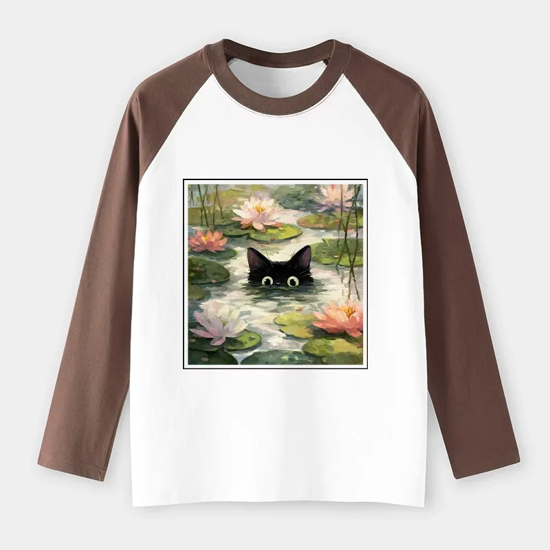 Tokyo-Tiger Black Cat and Lotus Flower Raglan Long Sleeve T-shirt