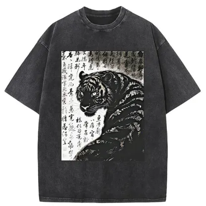 Tokyo-Tiger Woodcut Tiger Washed T-Shirt