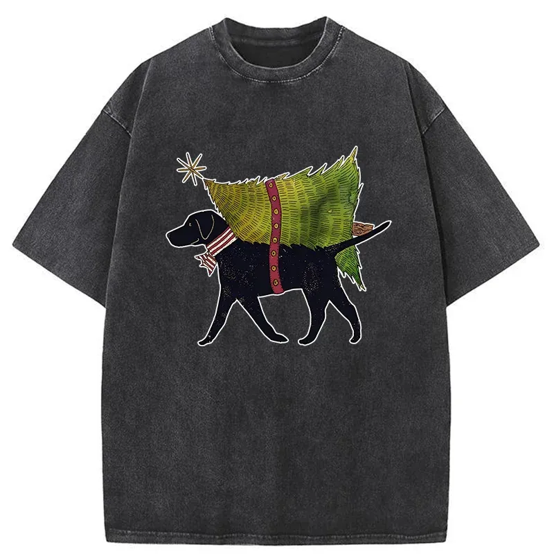 Tokyo-Tiger Dog Carrying Christmas Tree Washed T-Shirt