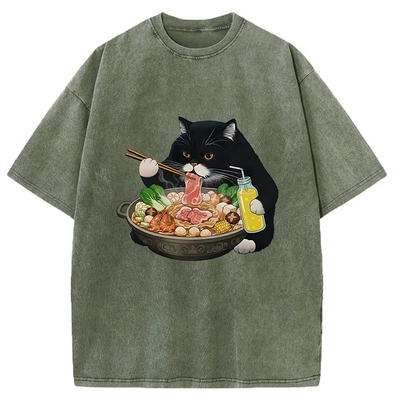 Tokyo-Tiger Black Cat Eating Hot Pot Washed T-Shirt