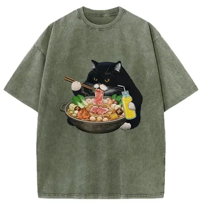 Tokyo-Tiger Black Cat Eating Hot Pot Washed T-Shirt