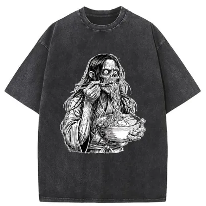 Tokyo-Tiger Ghost Eats Ramen Washed T-Shirt