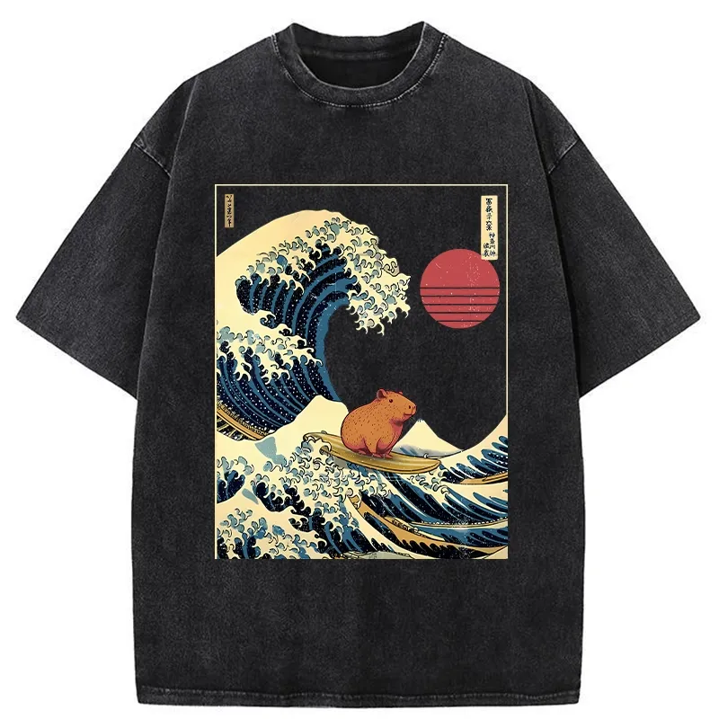Tokyo-Tiger Capybara Surfing Washed T-Shirt Sale