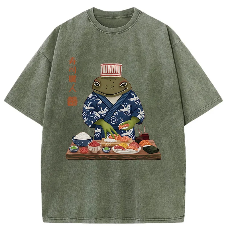 Tokyo-Tiger Frog Sushi Chef Washed T-Shirt