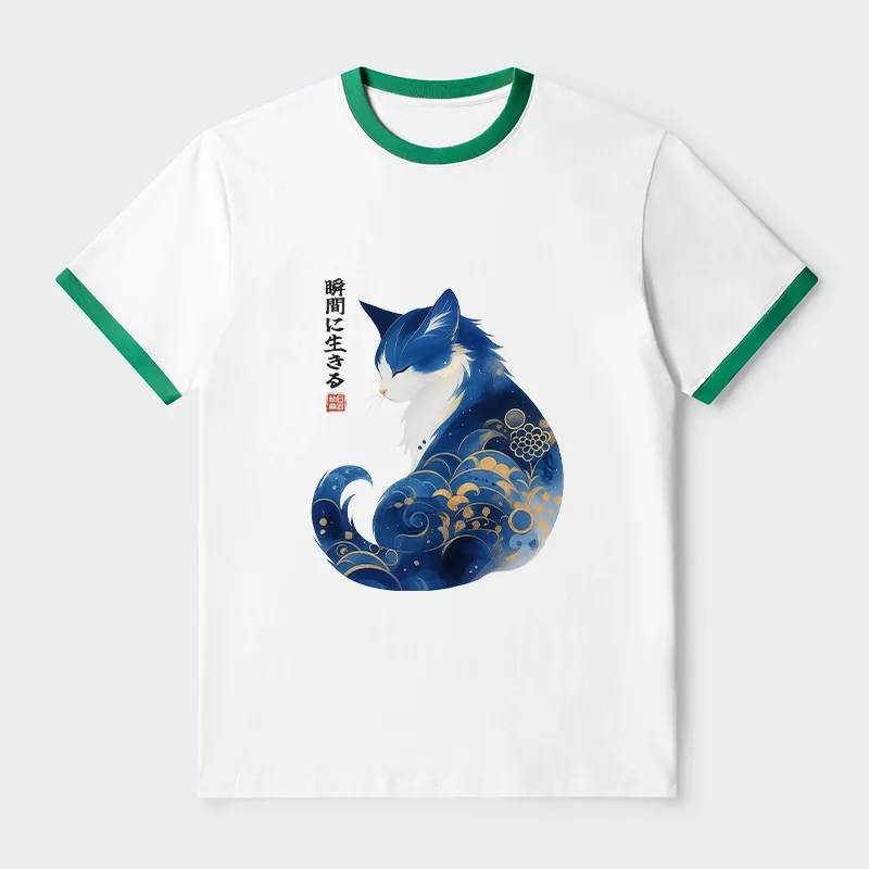 Tokyo-Tiger Retro Zen Cat: Living the Present Trim T-Shirt