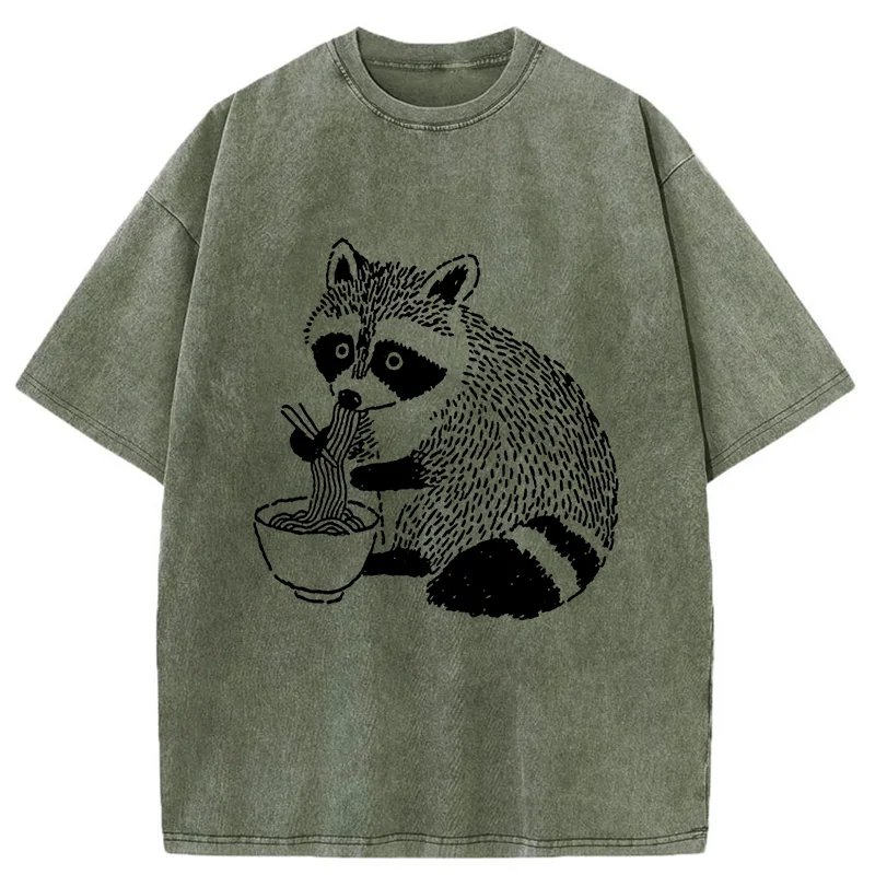 Tokyo-Tiger Cute Raccoon Eating Ramen Washed T-Shirt
