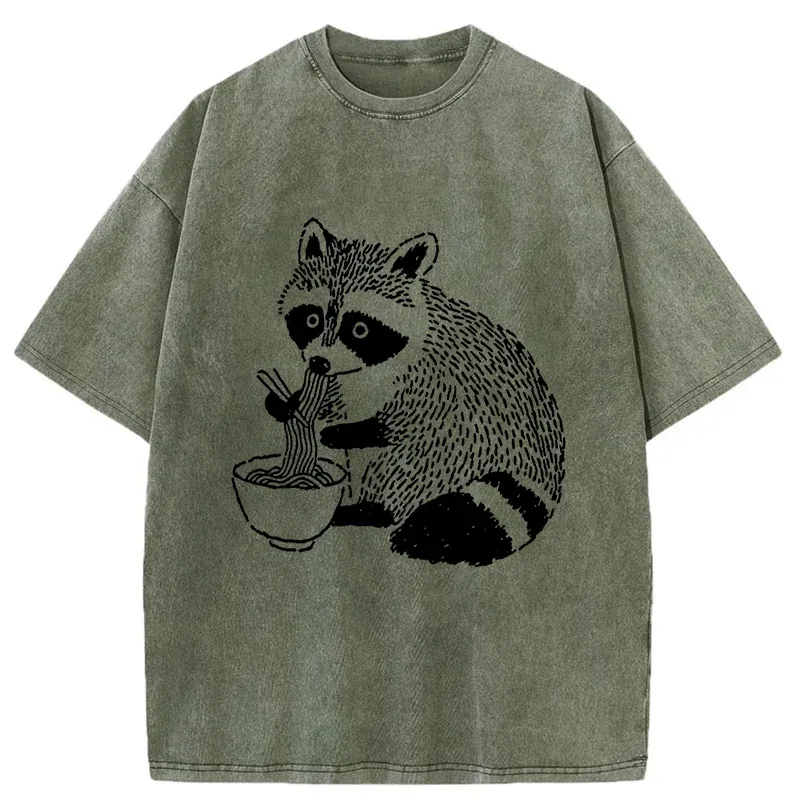 Tokyo-Tiger Cute Raccoon Eating Ramen Washed T-Shirt