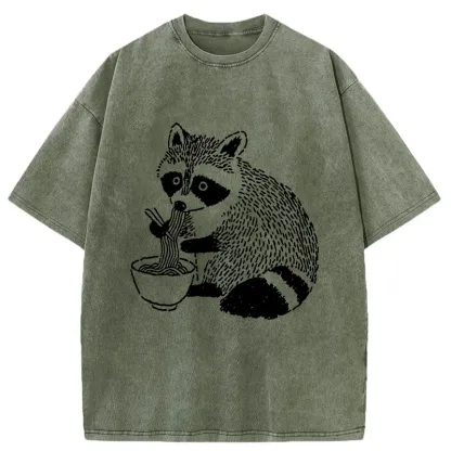 Tokyo-Tiger Cute Raccoon Eating Ramen Washed T-Shirt