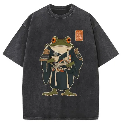 Tokyo-Tiger Frog Samurai Drinking Tea Washed T-Shirt