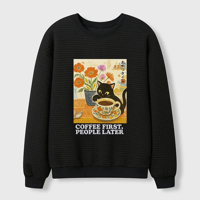 Tokyo-Tiger Kitten Drinks Coffee First Waffle Sweatshirt