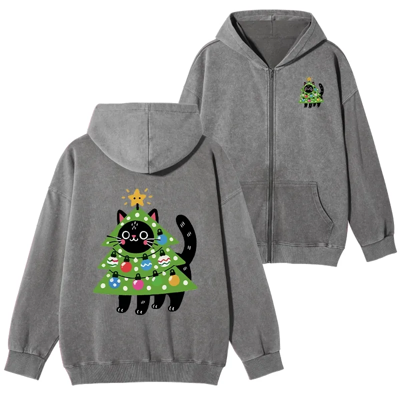 Tokyo-Tiger Christmas Tree Cat Washed Zip Hoodie