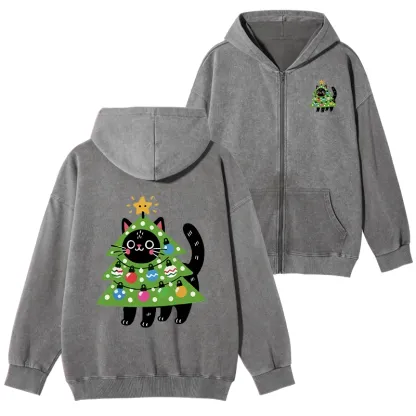 Tokyo-Tiger Christmas Tree Cat Washed Zip Hoodie